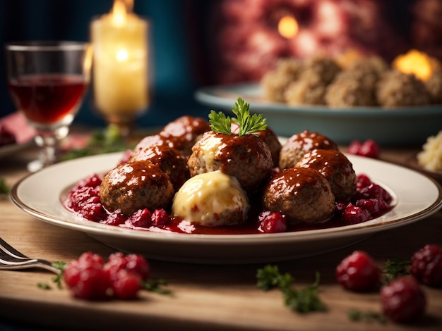 Foto un piatto di polpette con un bicchiere di vino sullo sfondo