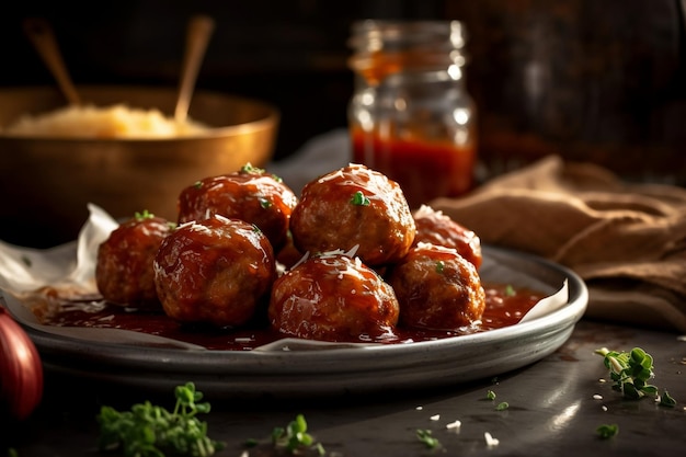 A plate of meatballs with a jar of red sauce on the side.