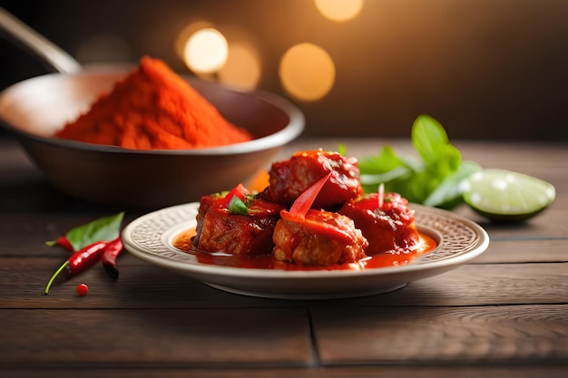 A plate of meatballs with red pepper on the side