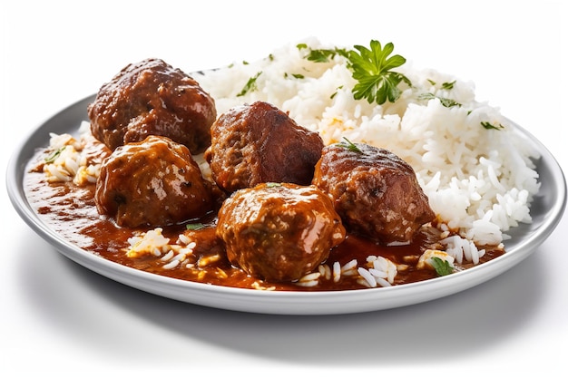 A plate of meatballs with rice and parsley on the side.