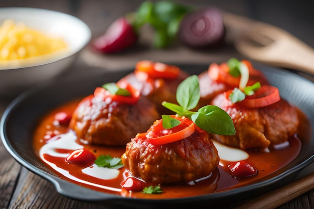 A plate of meatballs with tomato sauce and basil on top