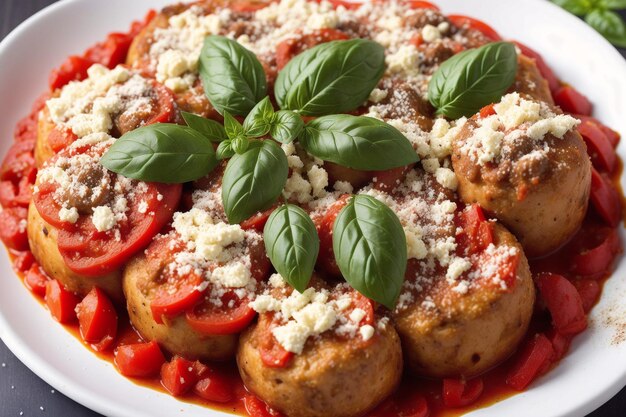 Foto un piatto di polpette con sopra salsa di pomodoro e basilico.