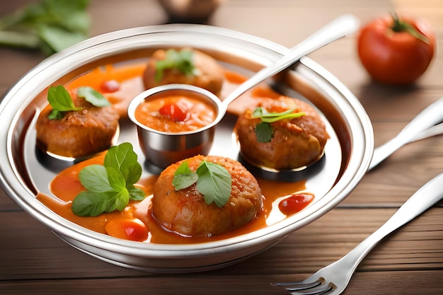 A plate of meatballs with tomato sauce and basil on a wooden table.