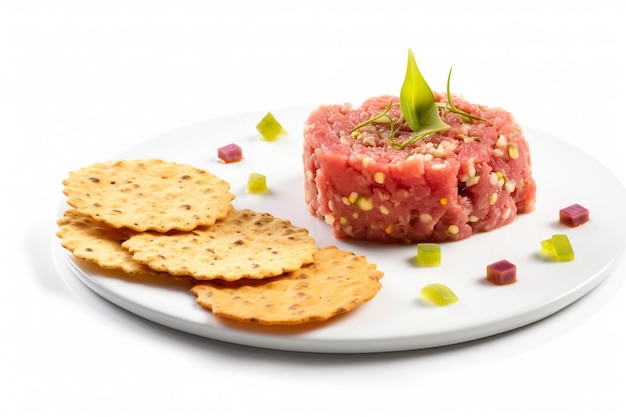 A plate of meatloaf with crackers on it