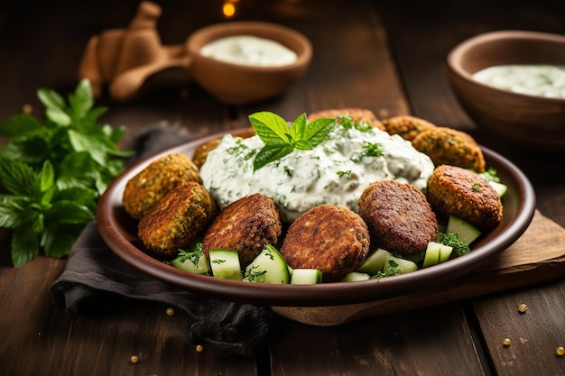 Foto un piatto di falafel alla mediterranea con salsa tzatziki