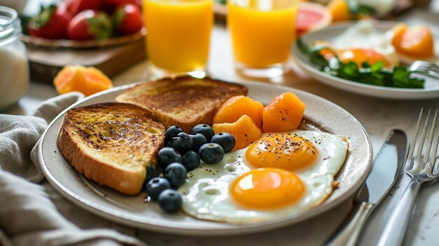 Foto plate met eieren toast fruit en een glas sinaasappelsap selectieve focus generatieve ai