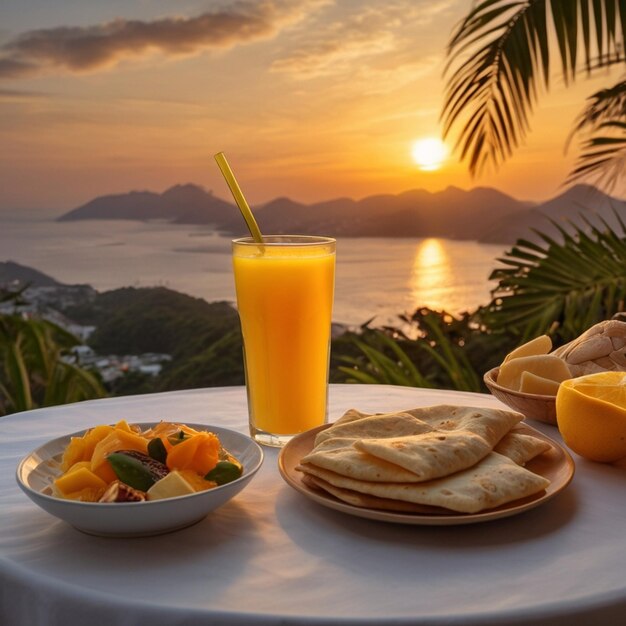 Plate met gevulde roti glas van vers fruit sap en dessert achtergrond zonsondergang gecreëerd door AI