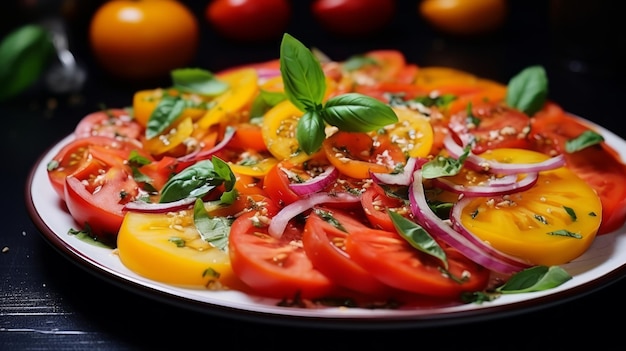 Plate met tomaten uien en basilicum neurale netwerk ai gegenereerd