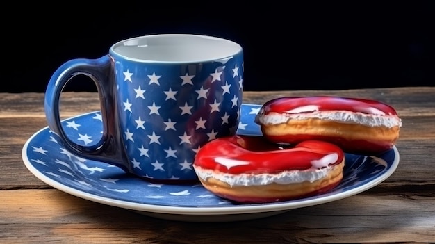 Foto plate met twee donuts en een kop koffie