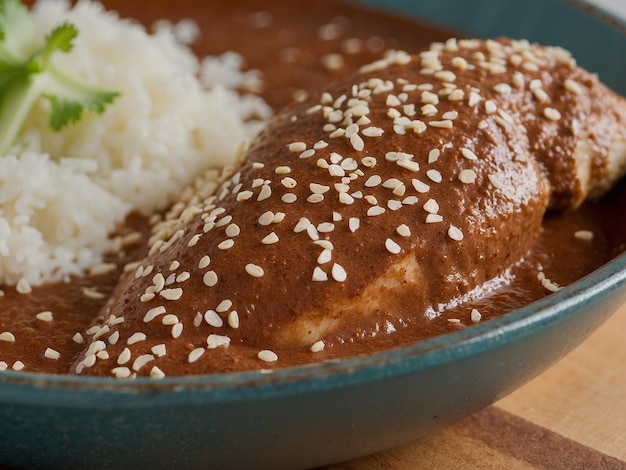 A plate of Mexican food called chicken mole poblano