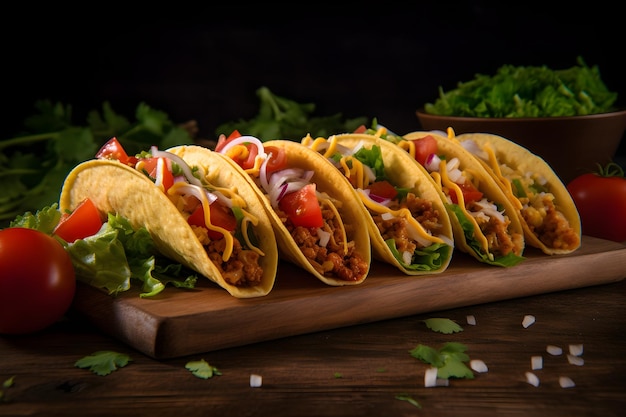 A plate of Mexican tacos with beef a bunch of corn and cilantro on wooden background