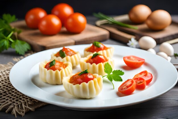 A plate of mini tomatoes with tomatoes on a table