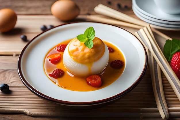 A plate of mousse with a strawberry on top