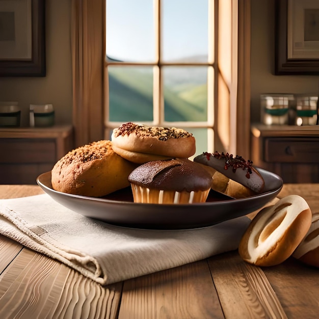 A plate of muffins and muffins sit on a table in front of a window.