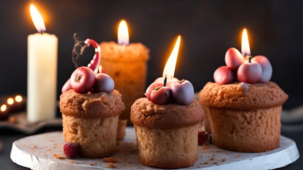 Foto un piatto di muffin con una candela accesa dietro di loro