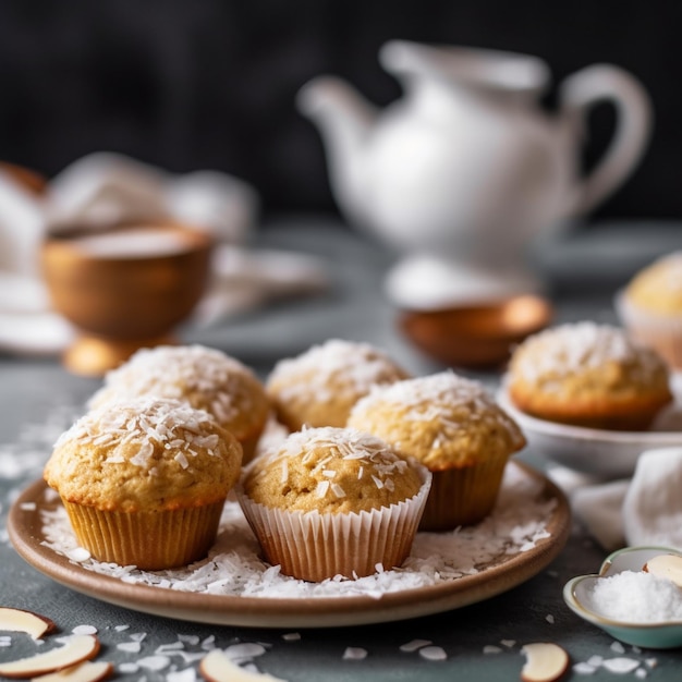 Foto un piatto di muffin con scaglie di cocco sopra