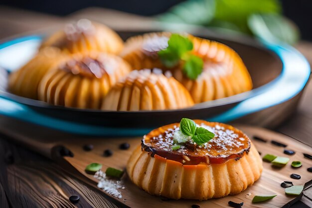 a plate of muffins with a green leaf on top of it