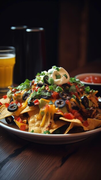 A plate of nachos and a glass of beer generative AI