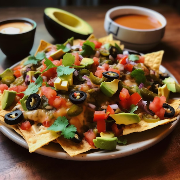 A plate of nachos with black olives and avocado on the side.