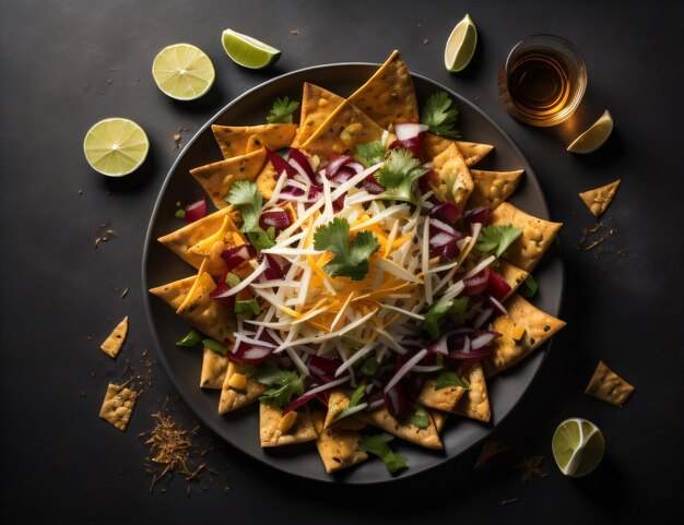 A plate of nachos with cheese limes on a black background with generative ai