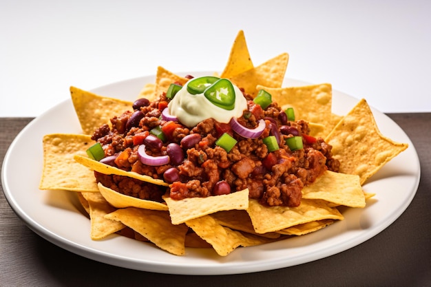 a plate of nachos with chili and sour cream
