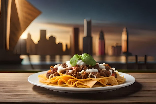 A plate of nachos with a city in the background