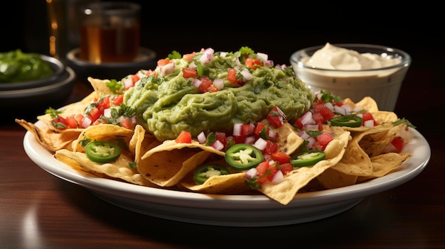 a plate of nachos with guacamole and guacamole