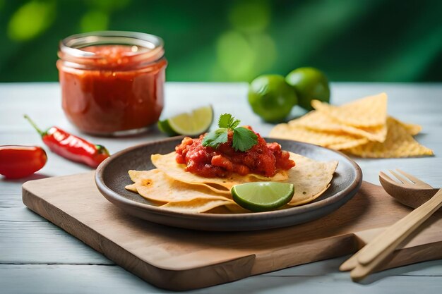 Foto un piatto di nachos con un barattolo di salsa e salsa.