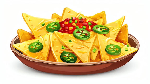 Foto un piatto di nachos con jalapenos di formaggio fuso e salsa i nachos sono disposti in cerchio sul piatto con la salsa al centro