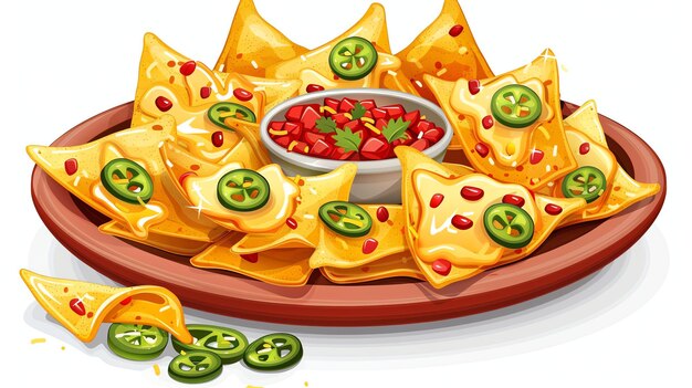 Photo a plate of nachos with melted cheese salsa and jalapenos the nachos are arranged in a circle around a bowl of salsa