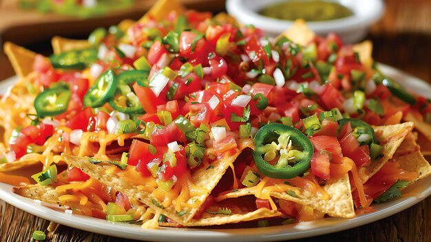 A plate of nachos with melted cheese tomatoes onions and jalapenos