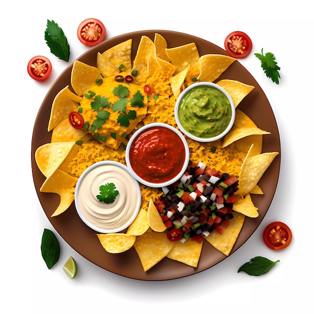 A plate of nachos with salsa and guacamole on it