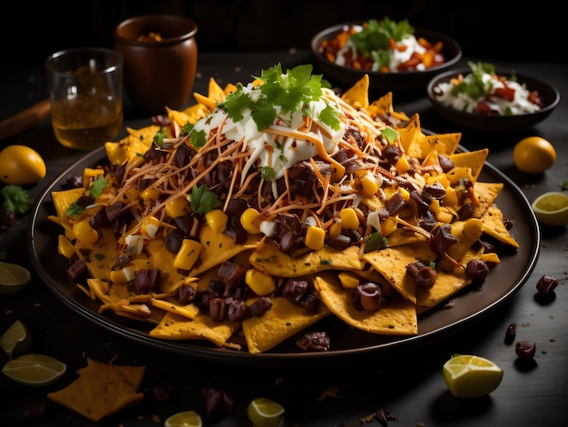 A plate of nachos with a side of nachos on it