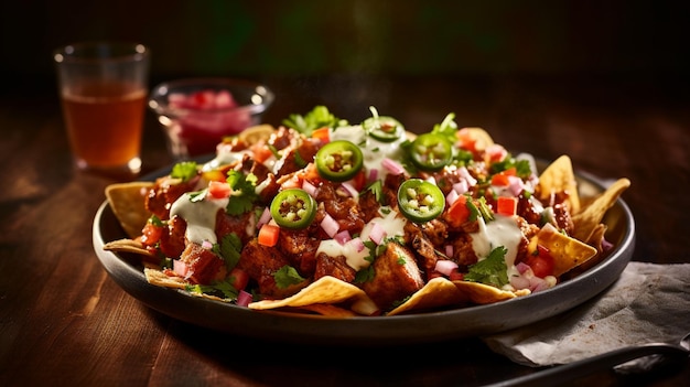 A plate of nachos with a side of salsa on the side