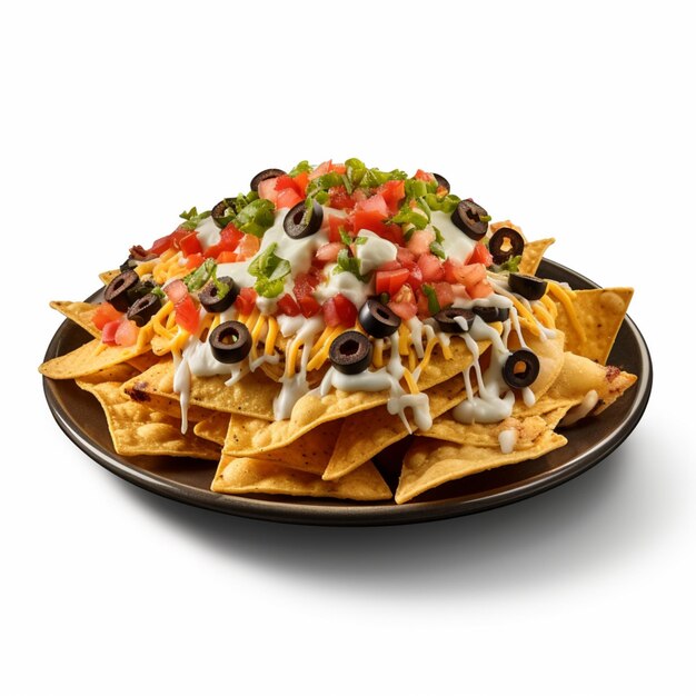 Photo a plate of nachos with a sour cream on isolated