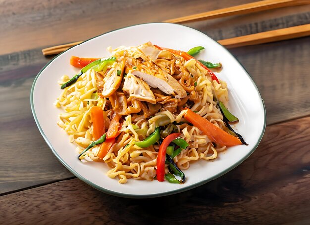 A plate of noddle with chicken and vegetables on a wooden table