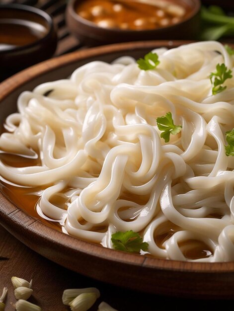 a plate of noodles and sauces on a table