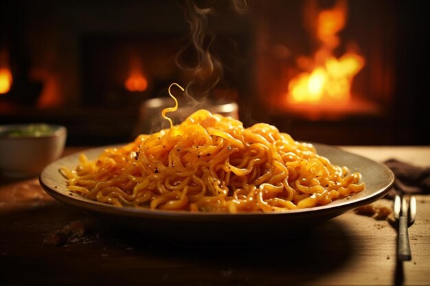 a plate of noodles on a table with a fire in the background