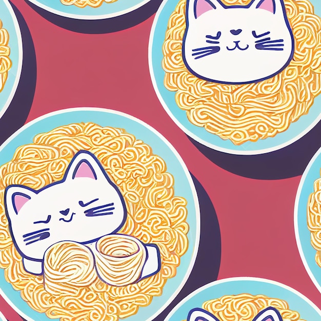 A plate of noodles with a cat on it