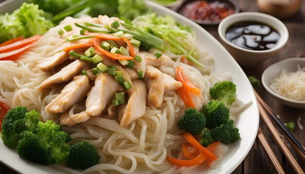 a plate of noodles with chicken and vegetables on it