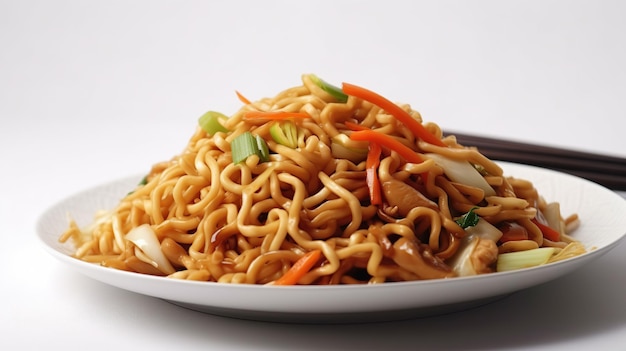 A plate of noodles with chicken and vegetables