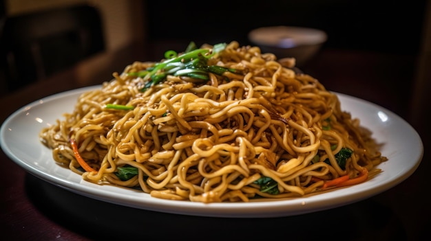 A plate of noodles with a green leaf on top.