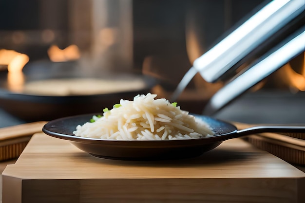 a plate of noodles with a pan of fire in the background.