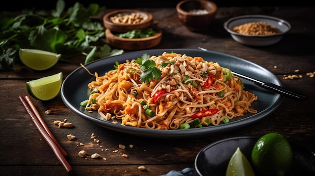 A plate of noodles with peanut sauce and limes on a table