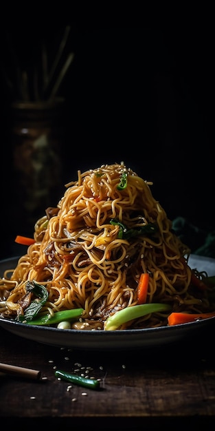 A plate of noodles with a pile of vegetables on it