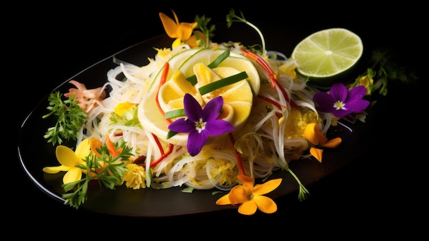 A plate of noodles with a purple flower on the side.