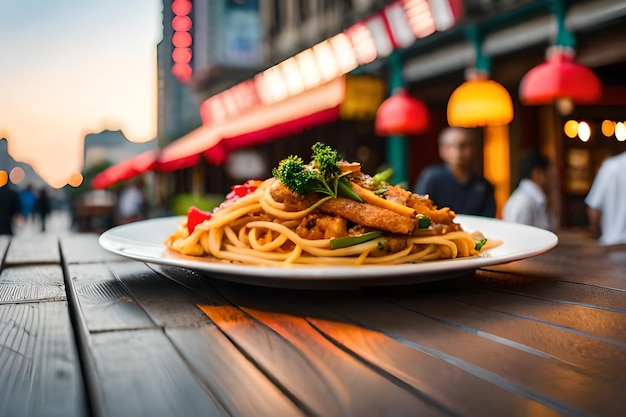 Photo a plate of noodles with a red sign in the background