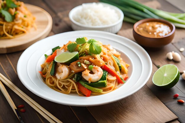 A plate of noodles with shrimps and vegetables on a wooden table.