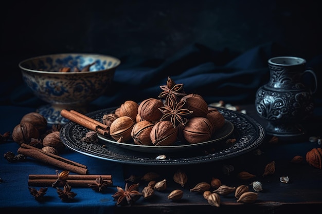 A plate of nuts and cinnamon on a blue table