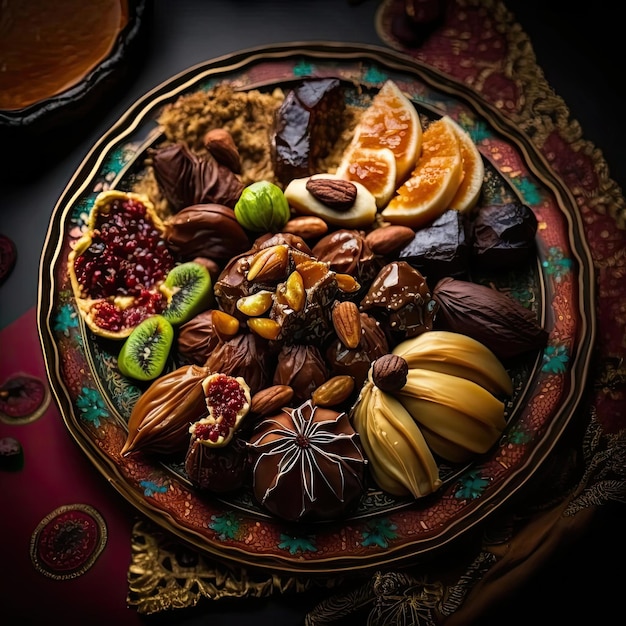 A plate of nuts and fruit on a table